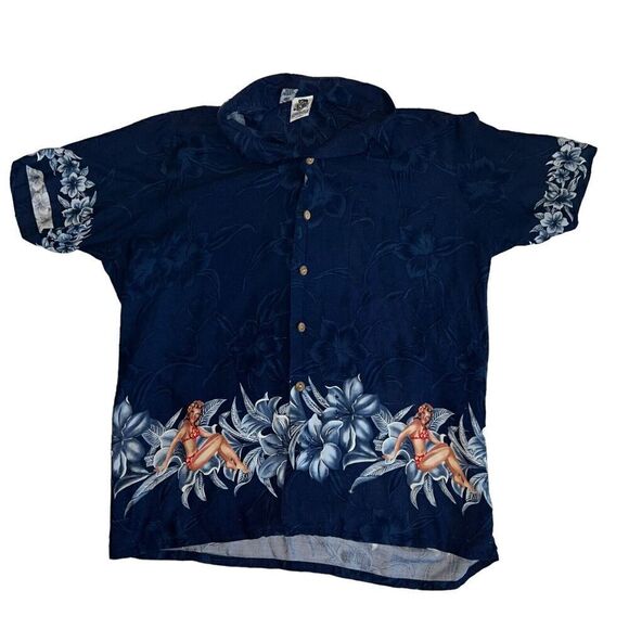 Kennington Other - Kennington Hawaiian Shirt Size Large Bikini Girl Floral Graphic Button Down Blue